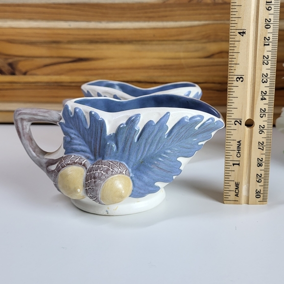 Sugar and Creamer Set, Ceramic Acorn and Blue Leaf Design, marked ELM - Picture 8 of 11